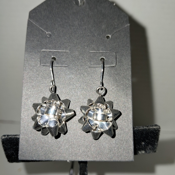 Silver Christmas Bow Dangle Earrings - Picture 3 of 3